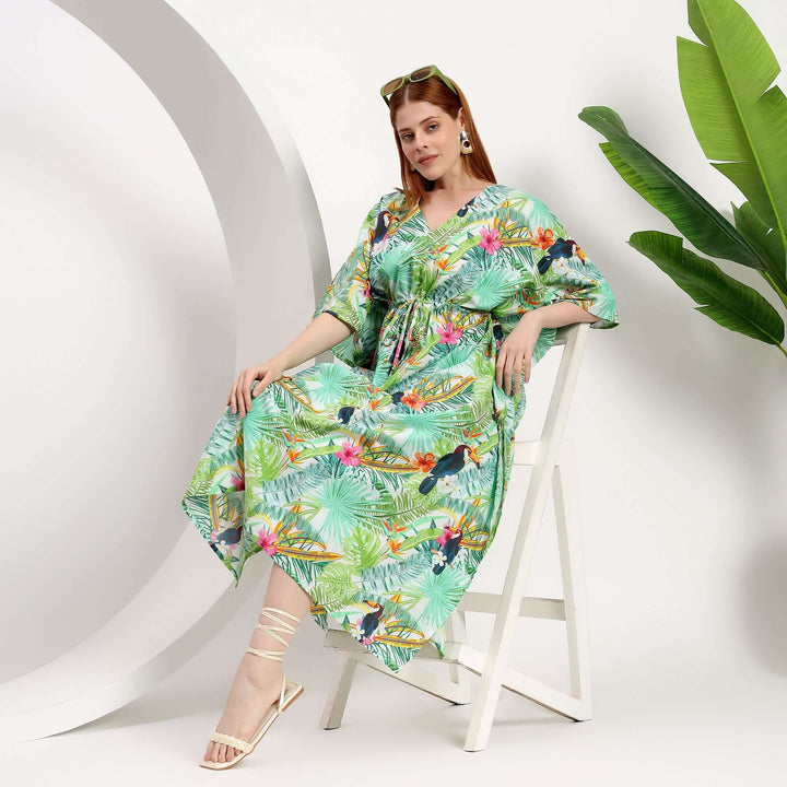 Tropical Print Kaftan Dress for Women| Bird Print Plus Size Beach Dress – Indolibas