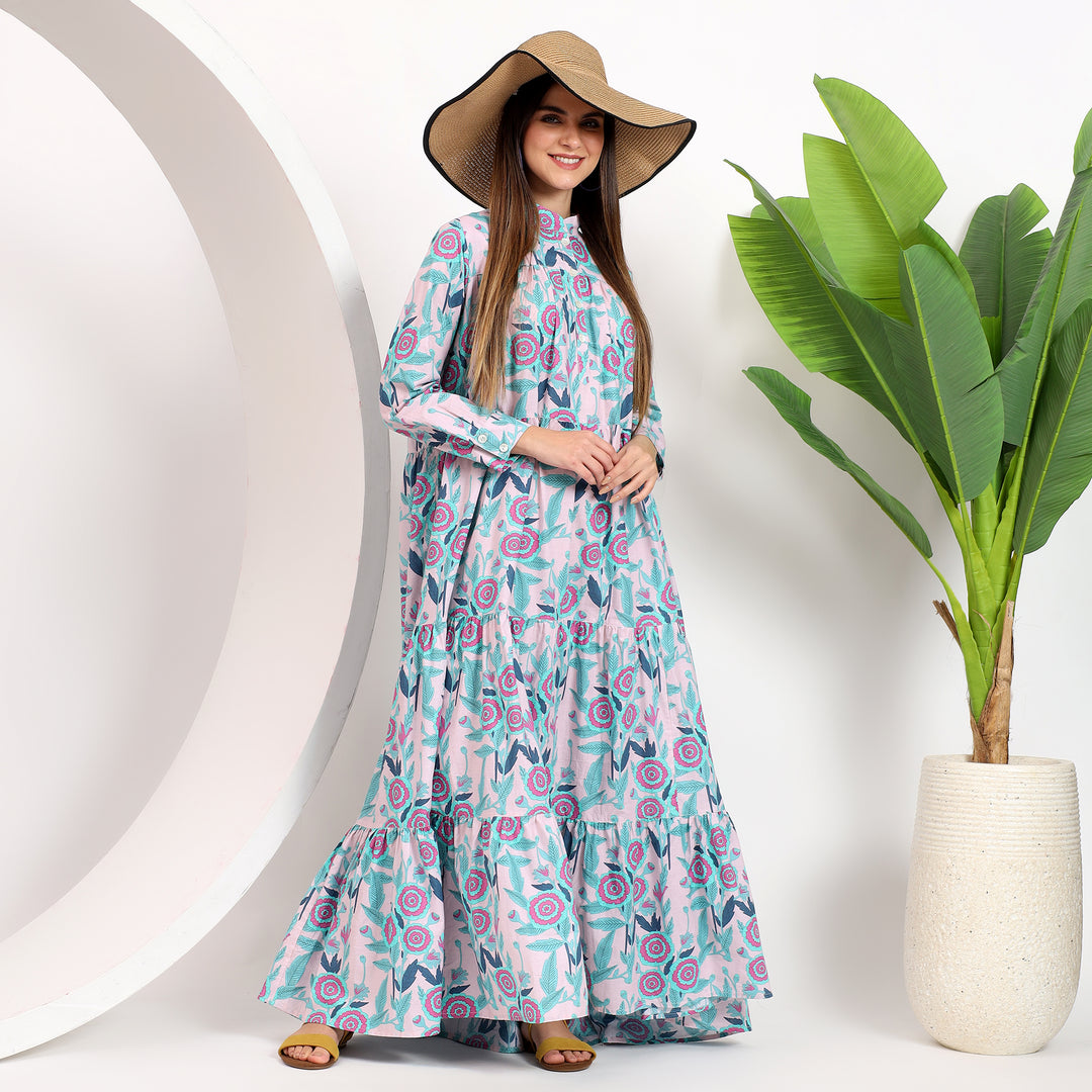 Bold floral print cotton maxi dress with long sleeves and button-down neck