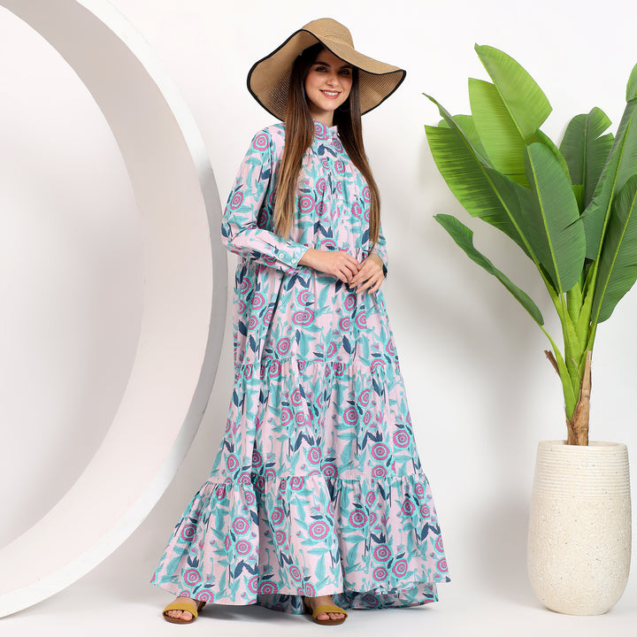 Bold floral print cotton maxi dress with long sleeves and button-down neck