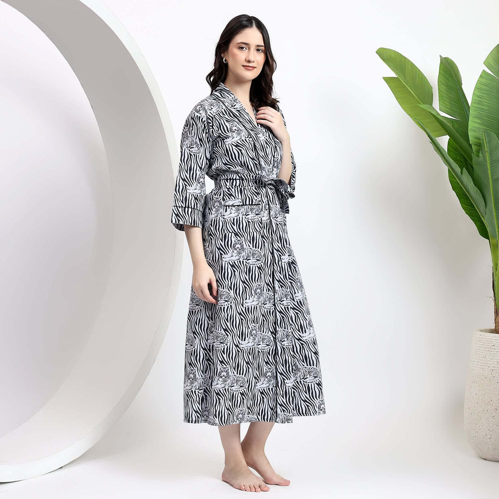 Animal print kimono robe for women – handcrafted tiger print cotton dressing gown with Indian block print design