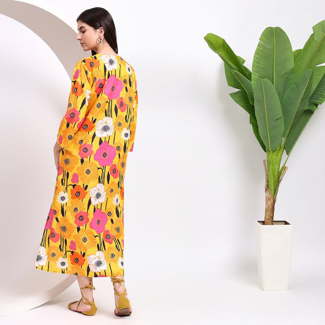 Yellow Blooms: Floral Midi Dress with Flirty Side Cuts