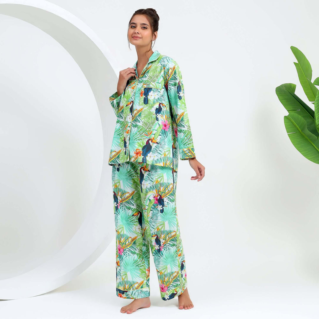 Tropical Print Indian Pajamas for Women worn by a model, showcasing a vibrant handmade cotton PJ set.