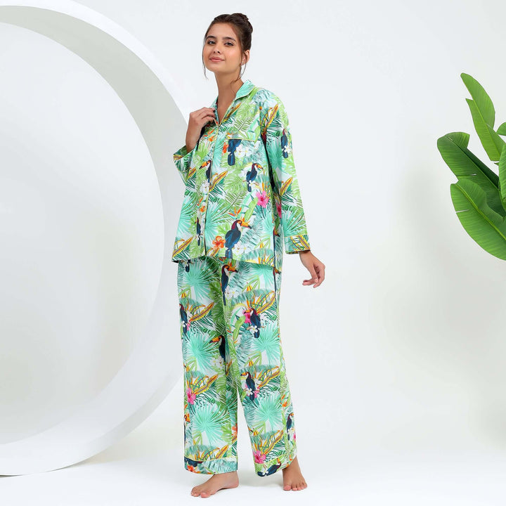 Tropical Print Indian Pajamas for Women worn by a model, showcasing a vibrant handmade cotton PJ set.