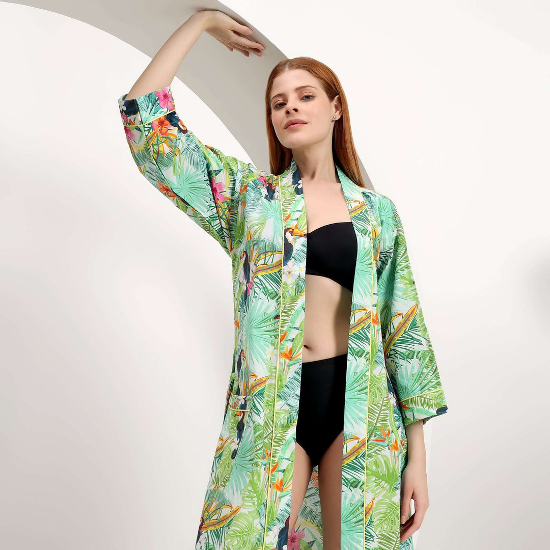 Bird print cotton kimono robe for resort wear boutiques