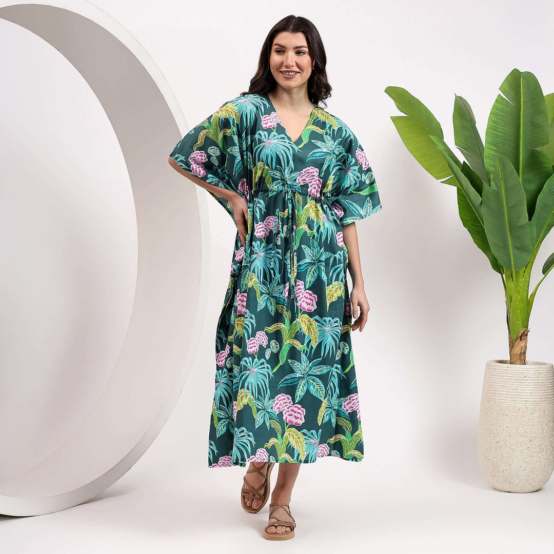 Boho Kaftan Dress For Women – Block Print Cotton Caftan 4XL / Teal Green / 48 Inches Boho Kaftan Dress For Women – Block Print Cotton Caftan 4XL / Teal Green / 48 Inches