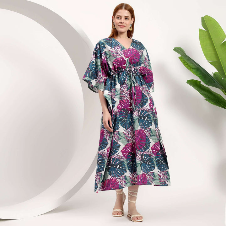 wholesale beach kaftan dress for Women in colorful floral pattern, perfect for beach vacations.