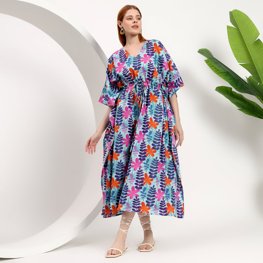 Indian cotton caftan dress floral leaf print moroccan style 