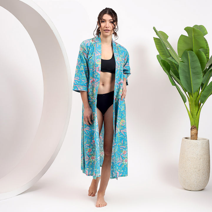 Women’s cotton kimono robe – bohemian floral block printed gown