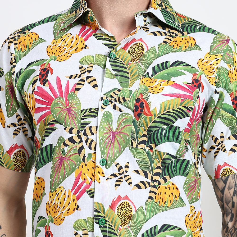 Close-up of men's tropical print shirt showcasing bold designs