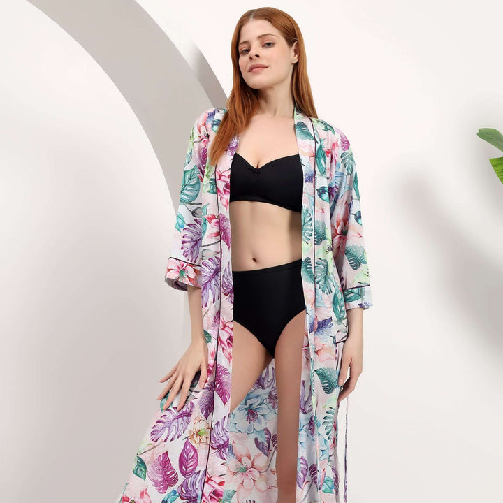 floral kimono robe wholesale for Small Business worn by a model in beachwear.