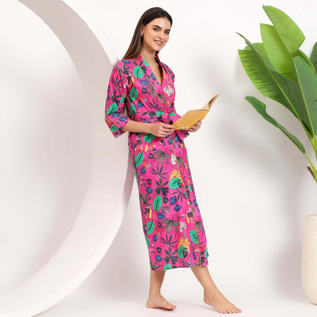 Tropical Print Cotton Bathrobe Long Kimono Dressing Gown XXL / Aqua Tropical Print Cotton Bathrobe Long Kimono Dressing Gown XXL / Aqua