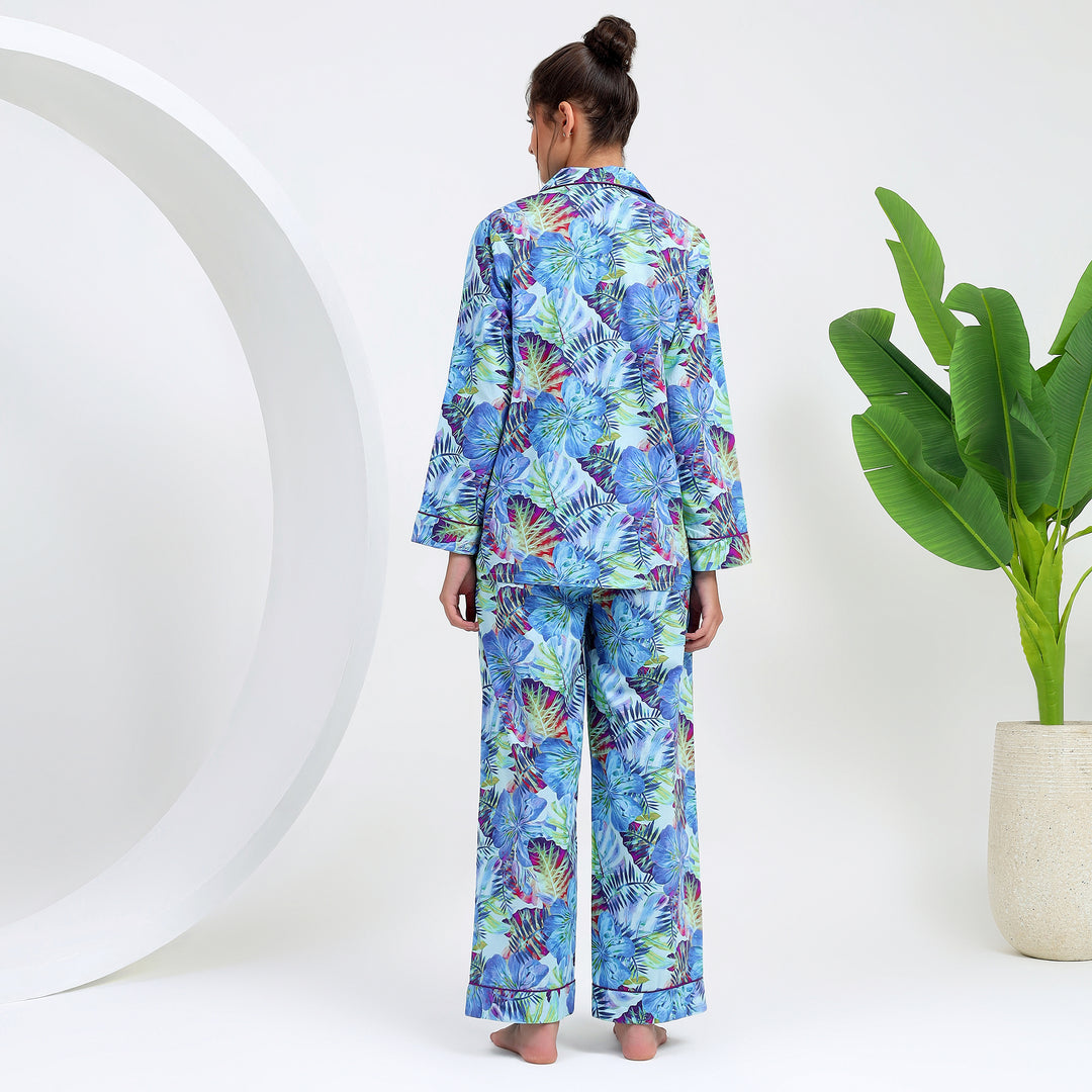 Lightweight 80 GSM cotton blue tropical sleepwear set