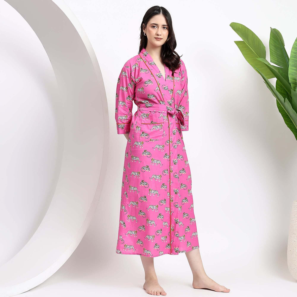 Leopard print cotton kimono robe – handcrafted animal print dressing gown for women with Indian block print