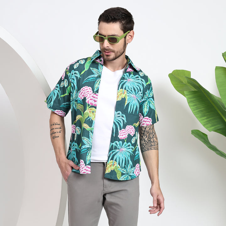 Button-down front of men's Hawaiian shirt, perfect for layering with a white tee