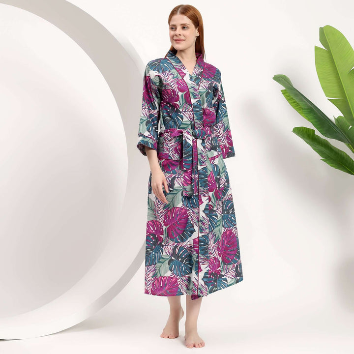 Tropical leaf print kimono robe for women Japanese kimonos Indolibas