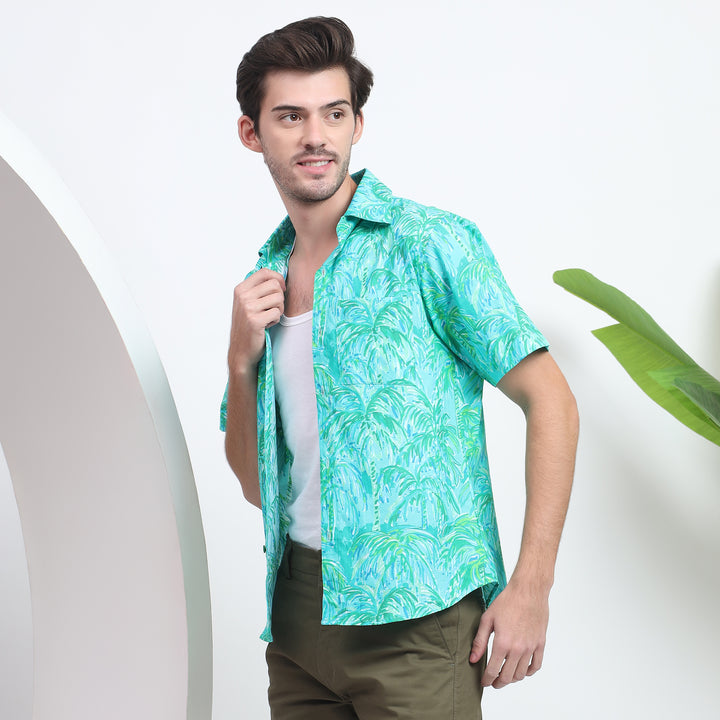 Men’s blue Hawaii shirt with a vibrant tropical print for summer