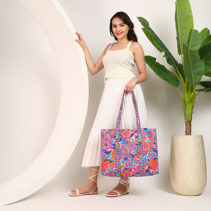 Large quilted cotton floral beach tote bag - Floral print cotton tote bag for the beach