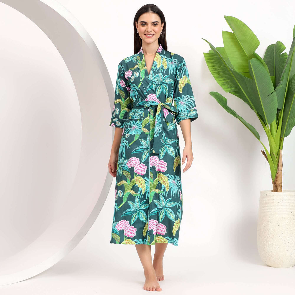 Tropical print cotton kimono robe – long lightweight robe for women with exotic floral block prints