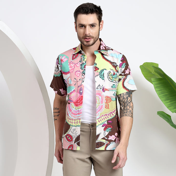 Men’s button-down shirt featuring an eye-catching tropical design for laid-back vibes