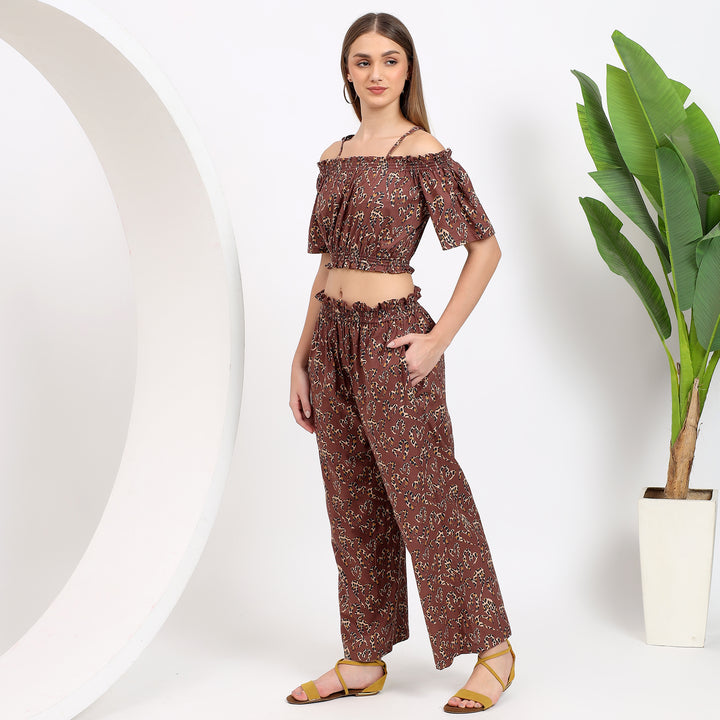 Brown abstract off-shoulder outfit with flattering fitted palazzo for women