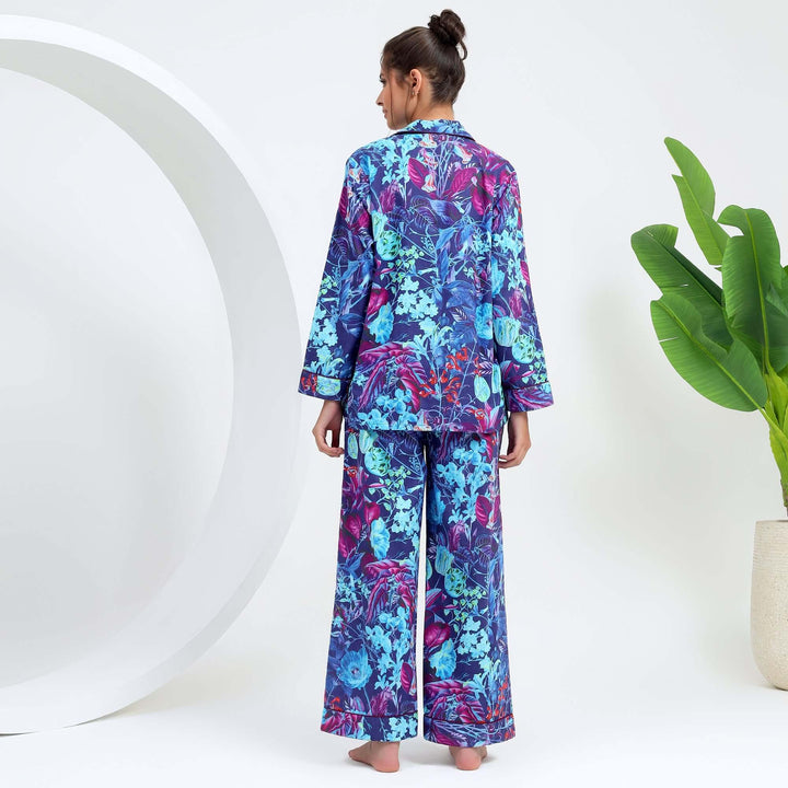 Indian Pajamas for Women in vibrant colors, showcasing a relaxed fit cotton PJ set from the back.