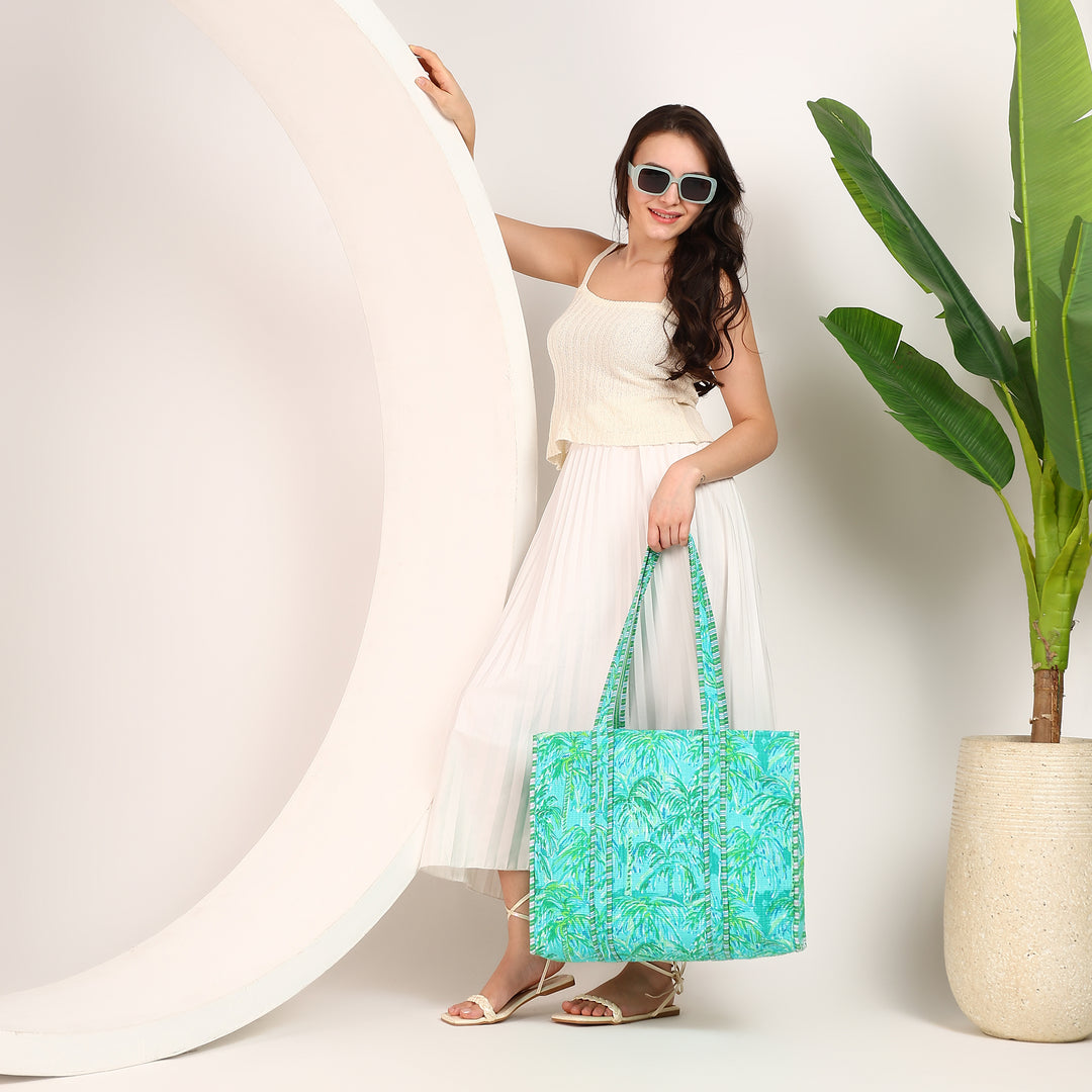 Palm print quilted tote bag handmade cotton 18x18 inch - Handmade palm print quilted cotton tote bag