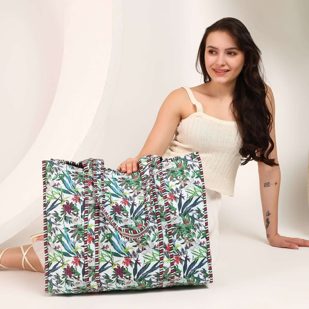 Tropical print cotton carry bag for everyday use - 18 x 18 inch large tropical print tote bag