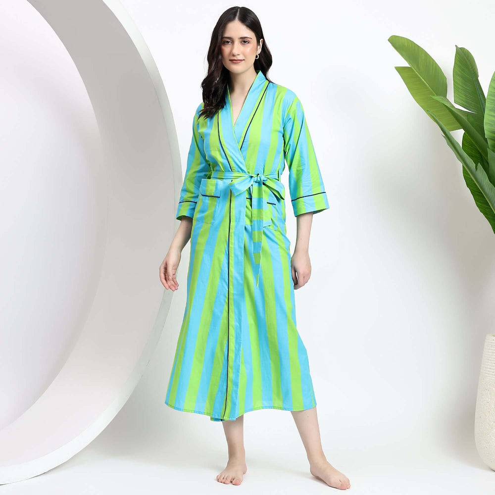 Stripe print cotton kimono robe – women’s lightweight dressing gown with classic lines and soft fabric