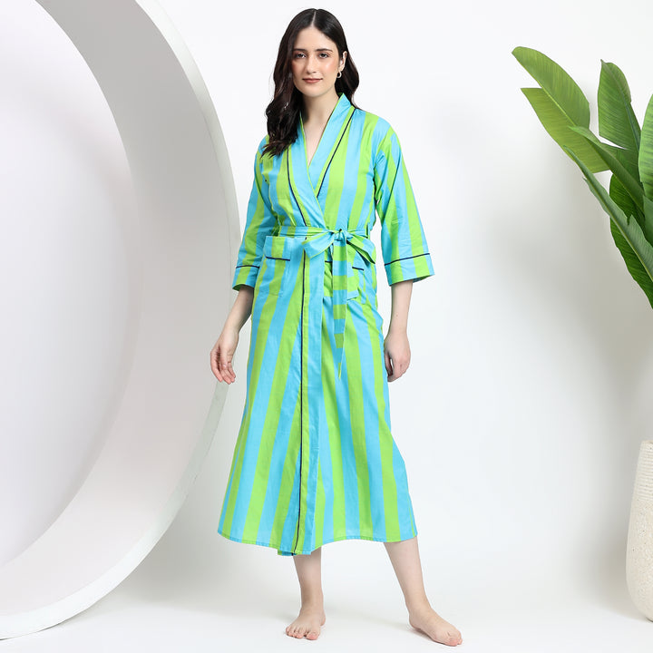 Green striped nightgown with black piping, waist tie, perfect as a dressing gown