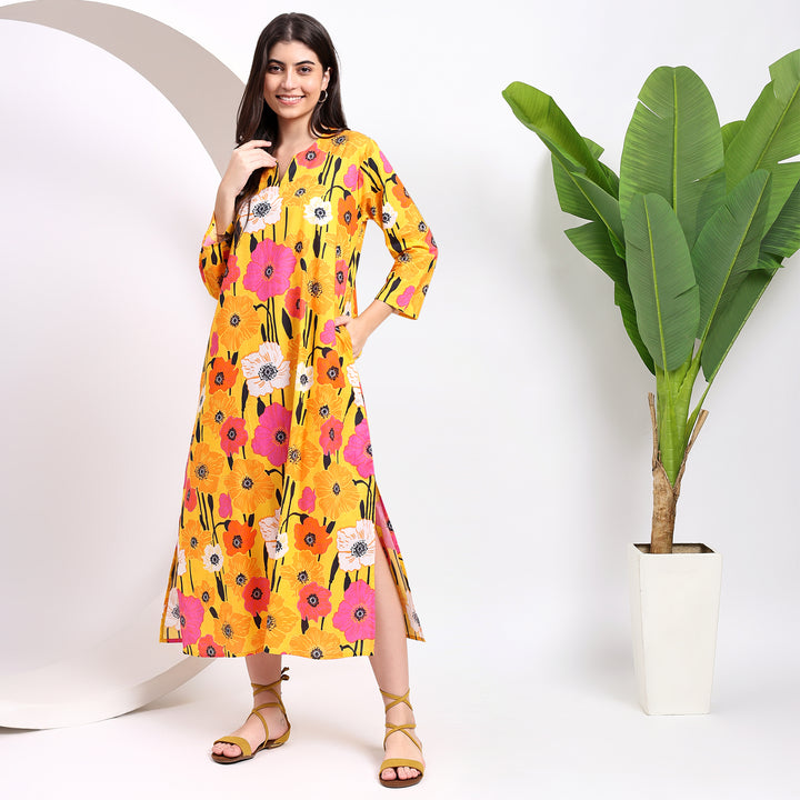 Yellow Blooms: Floral Midi Dress with Flirty Side Cuts