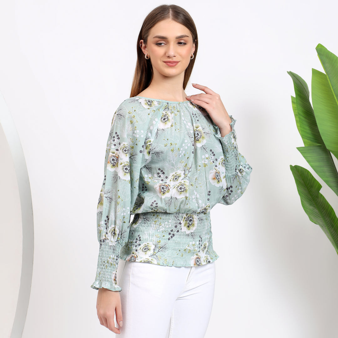 Sage green floral print and smocked waist for a flattering fit, ideal for everyday style