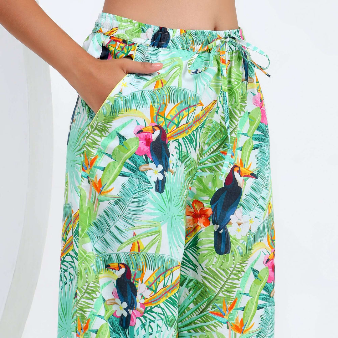 Tropical Print Indian Pajamas for Women showcasing vibrant colors and a relaxed fit with pockets.