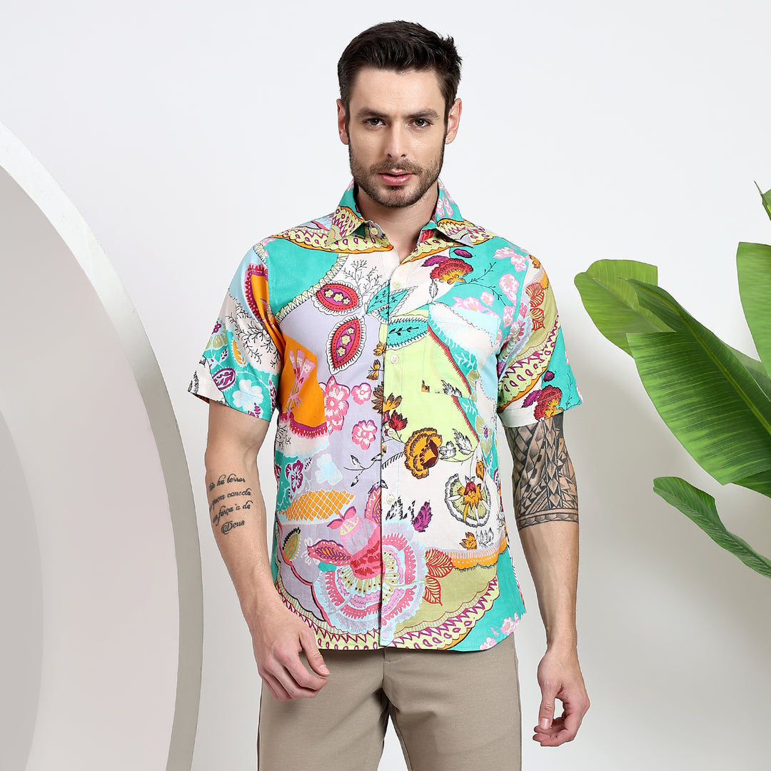 Vibrant multi-colored digital print shirt for men, crafted from pure cotton.