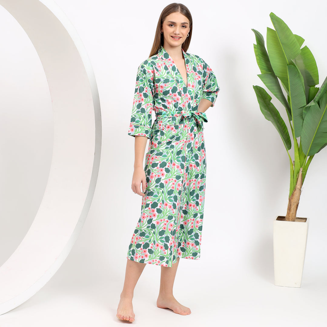 Floral block print cotton kimono - Women’s cotton robe