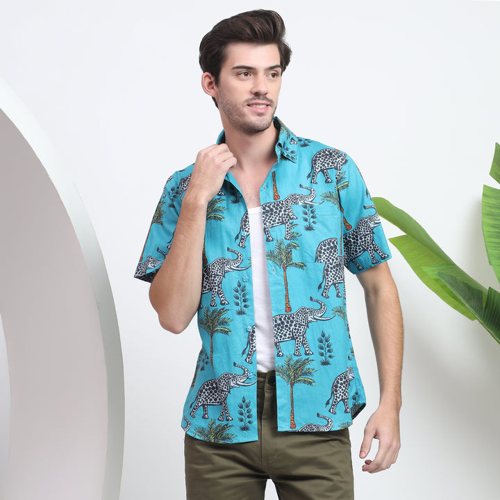 Lightweight breathable cotton blue shirt with playful elephant design in grey