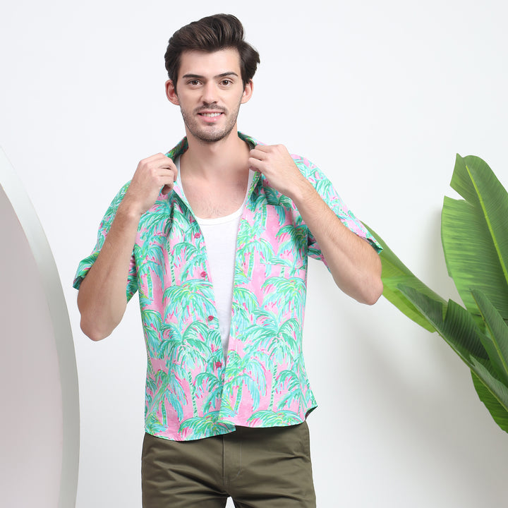 Tropical print shirt with vibrant colors, ideal for beach vacations