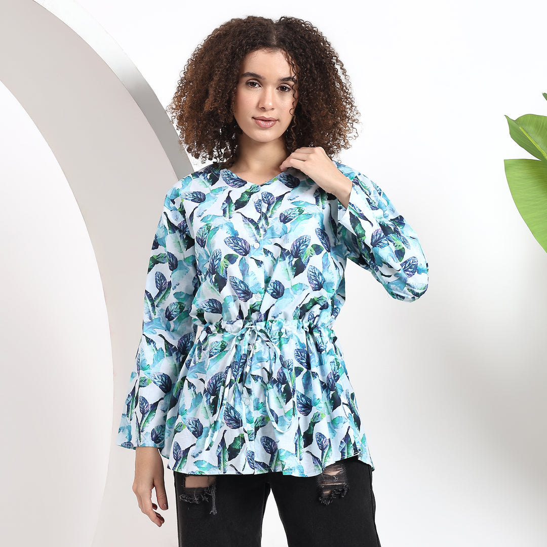 Long-sleeve top with pull-on closure, loose fit body, and button-up front for everyday wear