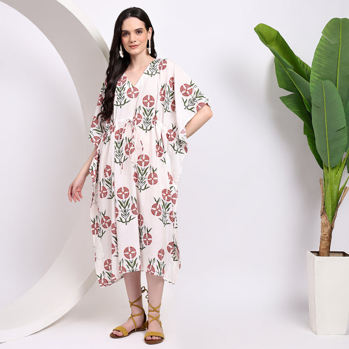 Boho Floral Buta Kaftan Dress with Hand Block Print Style