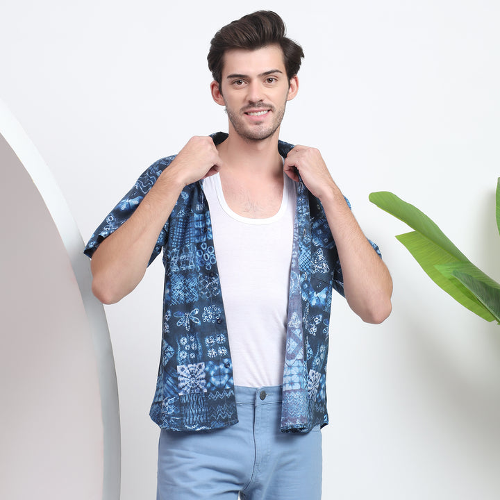 Traditional blue shirt with fine block print artwork, a sophisticated choice for laid-back occasions