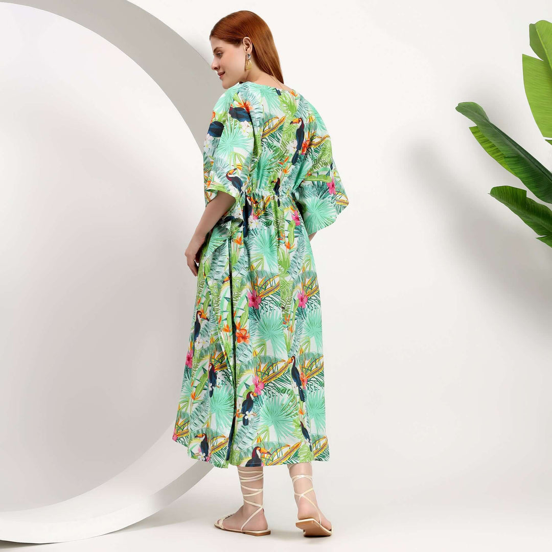 Summer caftan clothing for women cotton Indian kaftan tropical floral print - Caftan Moroccan style abaya with birds and tropical print