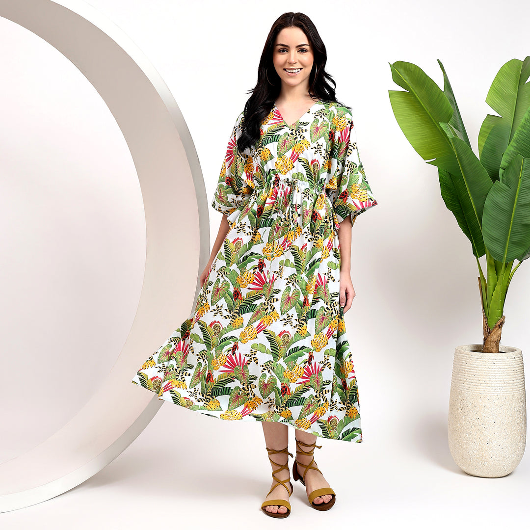 Tropical prints cotton caftan dress with Indian block print