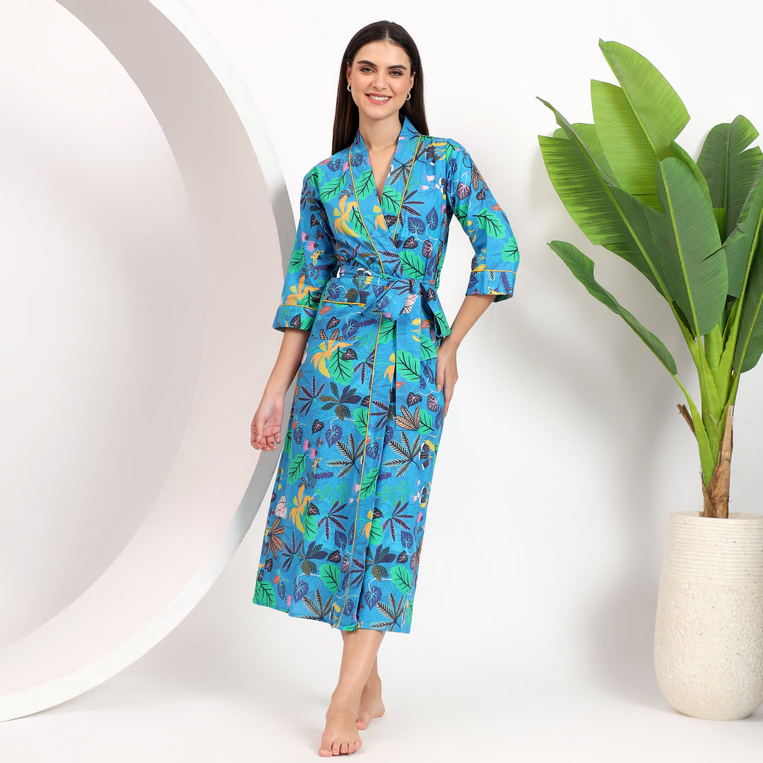 Blue floral swimsuit cover-up robe with a flowy, lightweight fabric