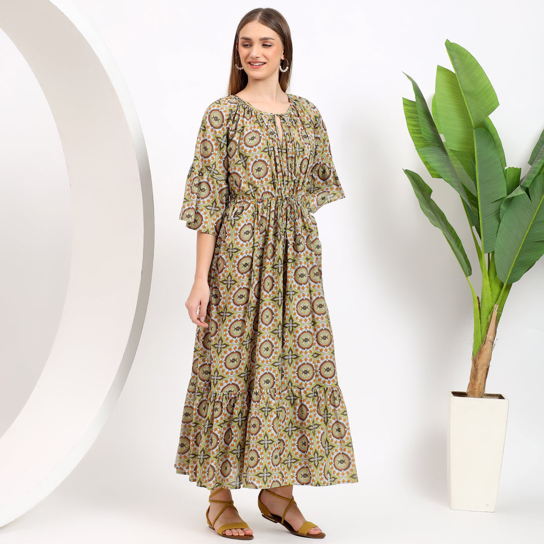 Claudia Brown Handblock Cotton Maxi Dress