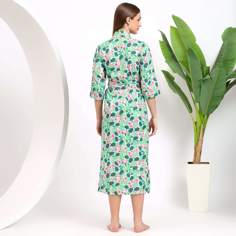 Floral block print cotton robe – handmade kimono dressing gown for women with breathable Indian fabric