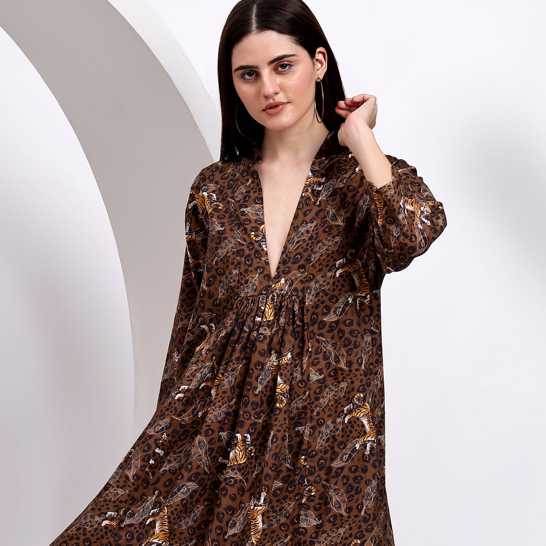 Wild Chic: Deep V-Neck Brown Tiger Print Midi Dress