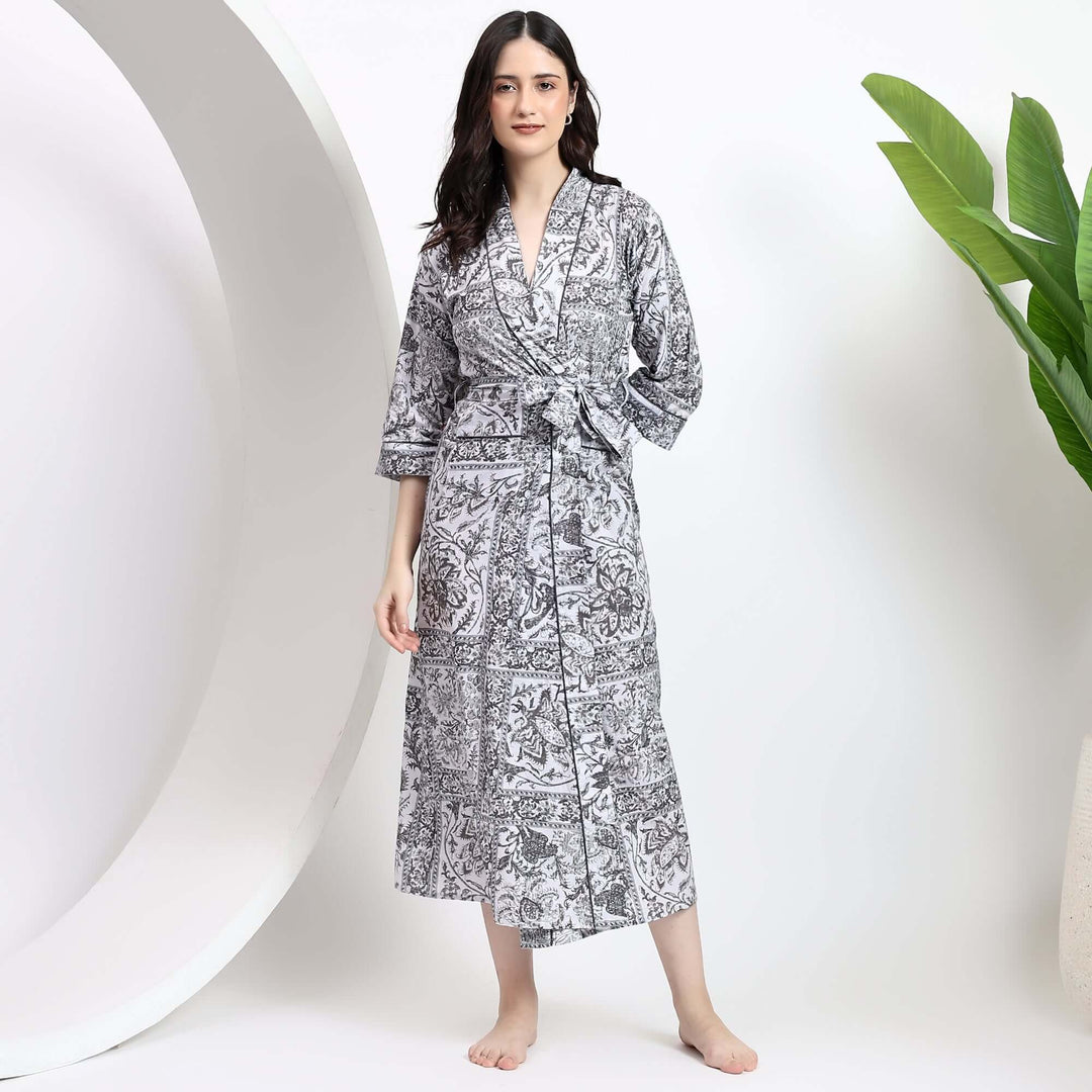 Block Print Cotton Kimono Dressing Gown – Long Bathrobe for Women S / Gray