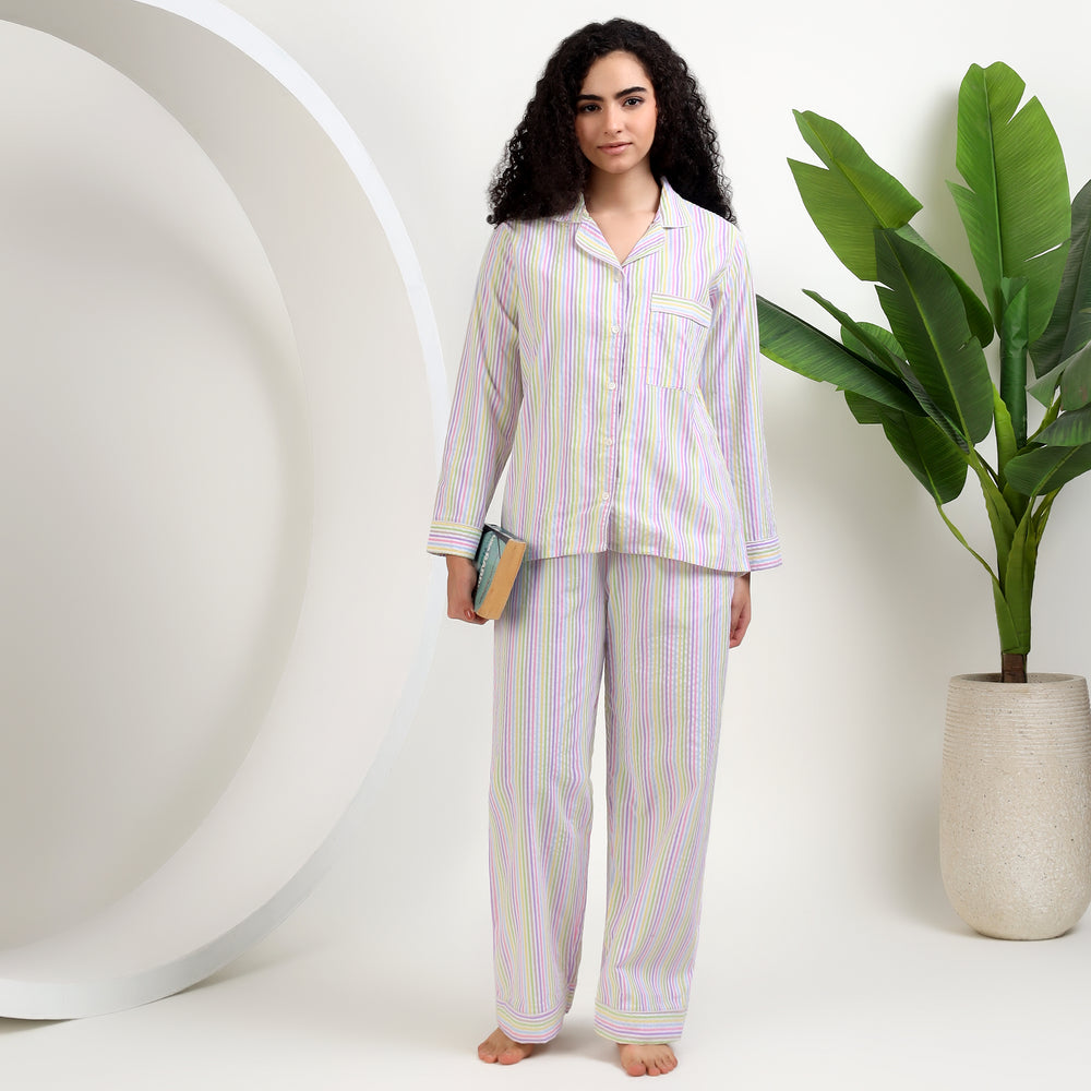 women soft cotton pajamas for famaly matching in thin stripes, perfect for family gatherings and relaxing nights.