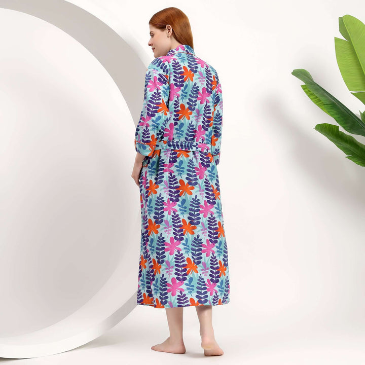 Wholesale Tropical Print Kimono Robe for Boutiques displayed from the back featuring vibrant floral design.