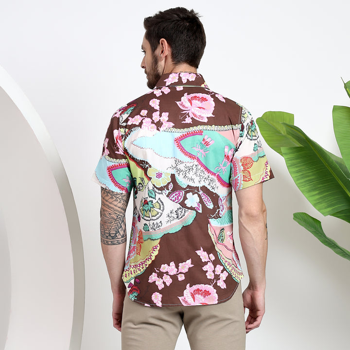 Back view of a tropical print shirt for men, perfect for summer style