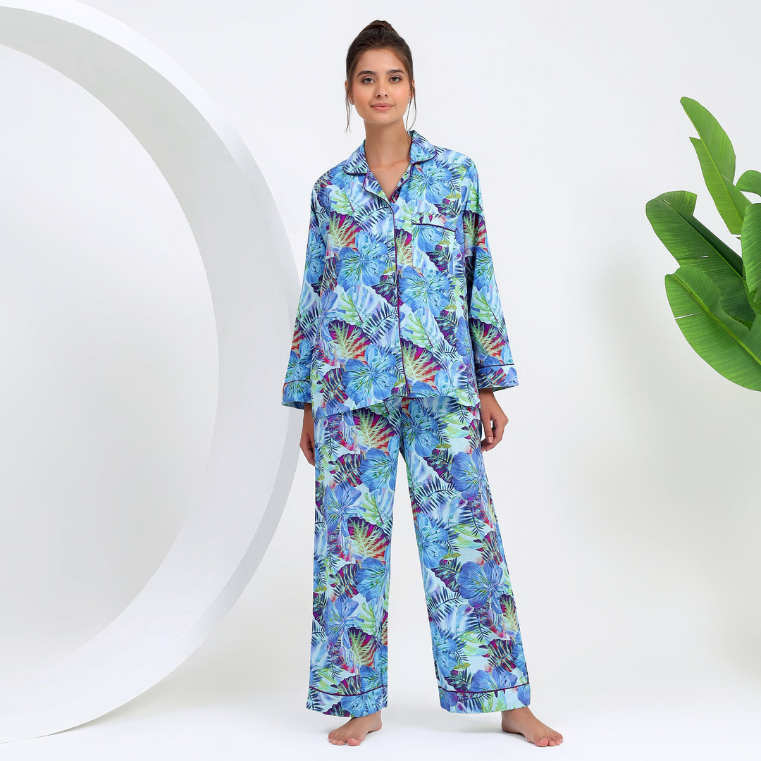 Women's tropical print pajama set in breathable cotton fabric